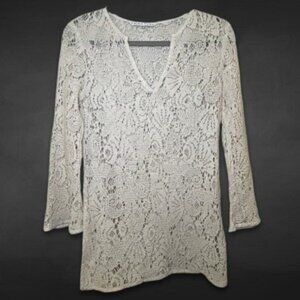 Trina Turk Swim Cover Shirt Intricate Lace Fabric V-Neckline Long Sleeve White M